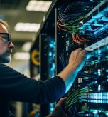 A skilled IT professional inspecting a server room or conducting repairs.