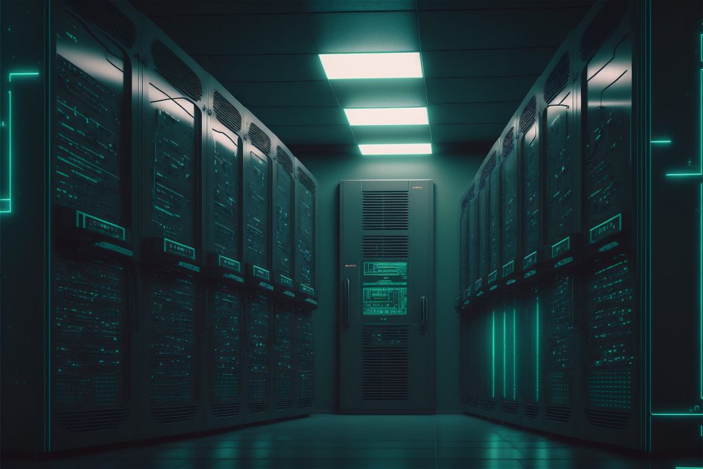 server racks in data center corridor
