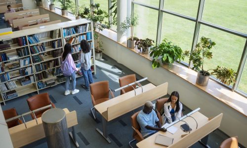 high-angle-students-learning-library